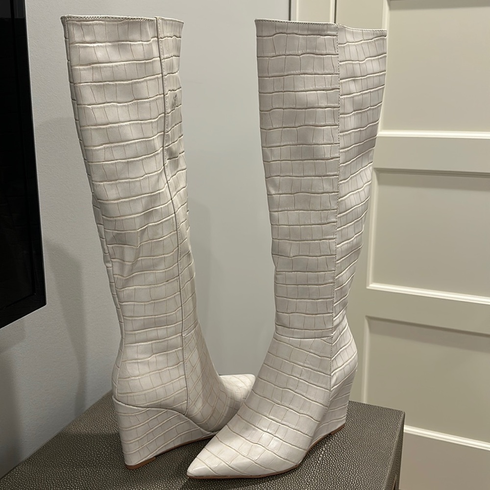 White faux croc wedge boots